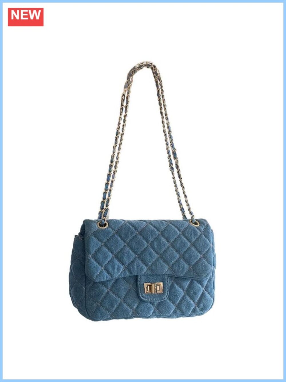 Quilted Denim Crossbody Shoulder Bag Chain Strap Twist Lock Small Tote